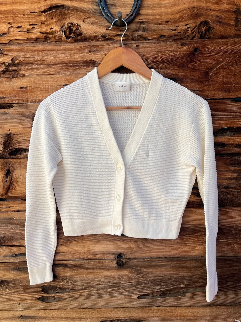 WILFRED | Cropped Linen Blend Ivory V-Neck Button Cardigan Sweater XS